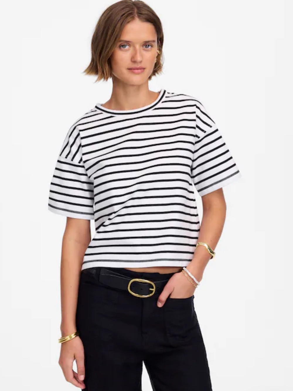 Madewell Everyday Boxy Crop Tee Striped Cropped XS Black White 100% Heavy Cotton